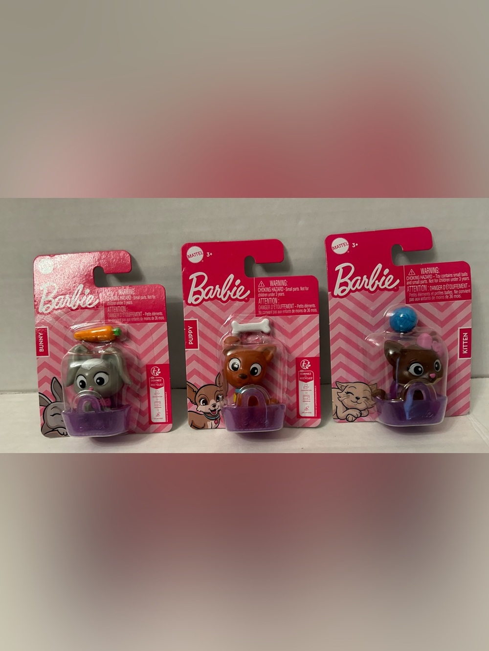 Barbie Mini Pet Figures Set - Pink Packaging with Purple Carriers